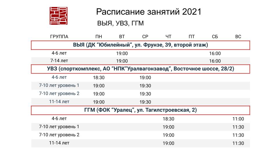 Расписание 2021 УВЗ, ВЫЯ, ГГМ